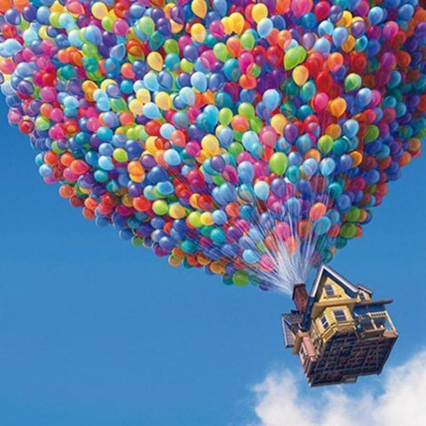 Image of diamond painting of a house flying with colorful balloons