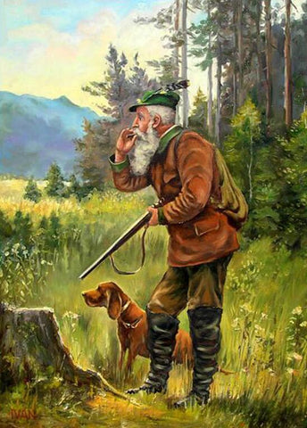 Image of diamond painting of a hunter smoking a pipe, holding a gun, and walking with a dog in a forest