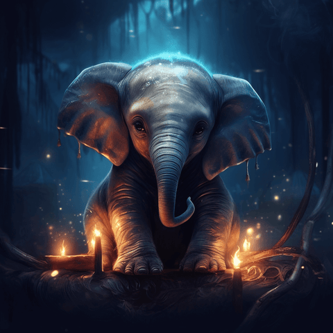 Image of diamond painting of a baby elephant sitting by candles in a dark forest