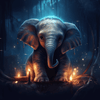 diamond painting of a baby elephant sitting by candles in a dark forest