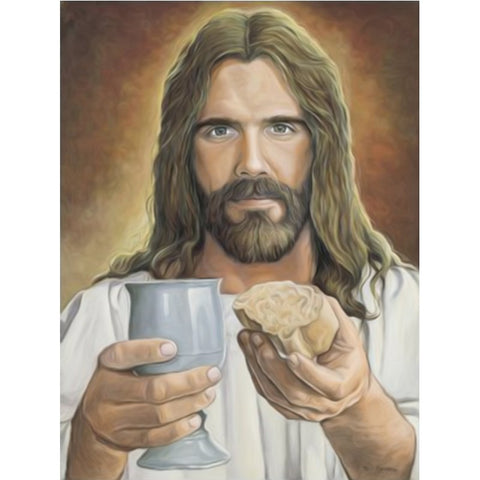 Image of diamond painting of Jesus Christ holding bread and wine