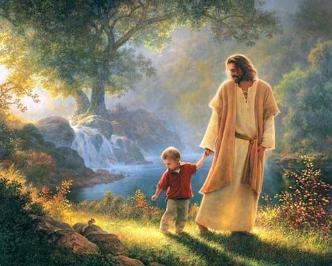 Image of diamond painting of Jesus Christ walking with a child