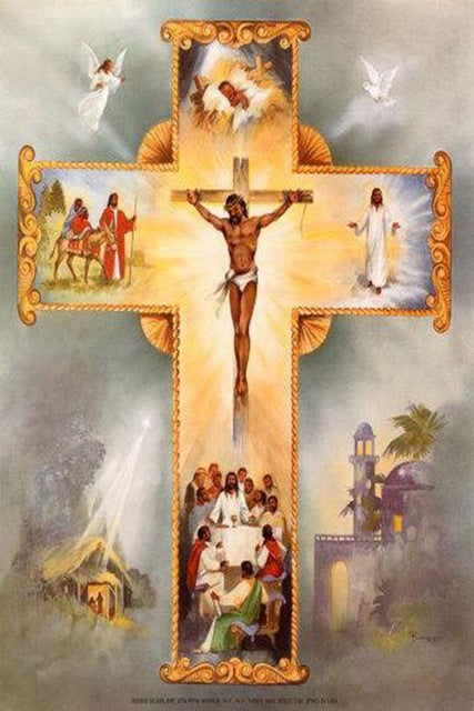 diamond painting depicting key moments in the life of Jesus Christ, including the Crucifixion and Resurrection