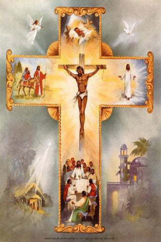 Image of diamond painting depicting key moments in the life of Jesus Christ, including the Crucifixion and Resurrection