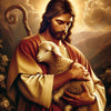 Sparkling diamond art featuring a depiction of Jesus Christ, the Good Shepherd, carrying a lost lamb.