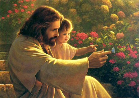 Image of diamond painting of Jesus Christ carrying an infant with flowers in the background