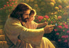 diamond painting of Jesus Christ carrying an infant with flowers in the background