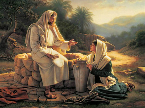 Image of diamond painting of Jesus speaking with a woman at a well