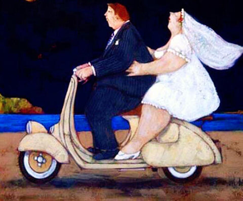 Image of diamond painting of a newlywed couple riding a motorcycle