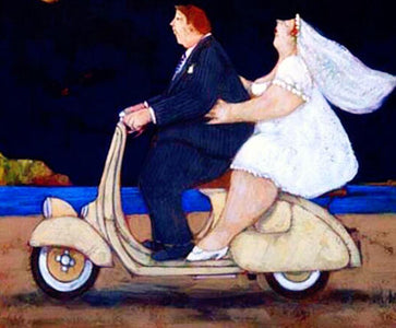 diamond painting of a newlywed couple riding a motorcycle