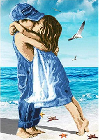 Image of diamond painting of two children kissing on a beach