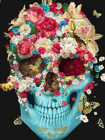 Image of Diamond painting kit featuring a colorful sugar skull decorated with blooming flowers and butterflies.