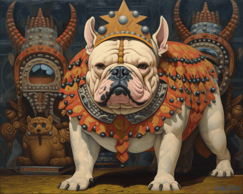 Image of Diamond painting kit depicting a regal bulldog wearing a golden crown.