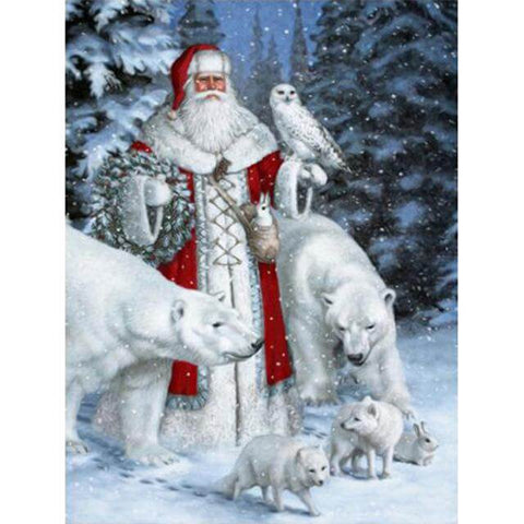 Image of Diamond painting kit depicting Santa Claus in a white suit with red trim, standing in a snowy winter scene.