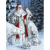 Diamond painting kit depicting Santa Claus in a white suit with red trim, standing in a snowy winter scene.