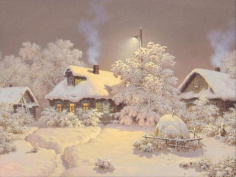 Image of Diamond painting of a winter village scene with colorful houses.