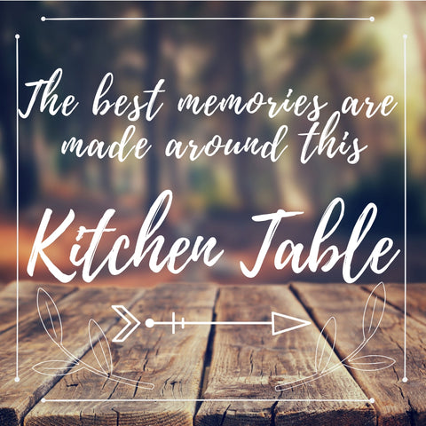 Image of diamond painting of a kitchen table with the quote "The best memories are made around this kitchen table"