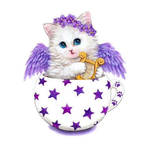 Image of diamond painting of a cute kitten angel playing a harp in a cup