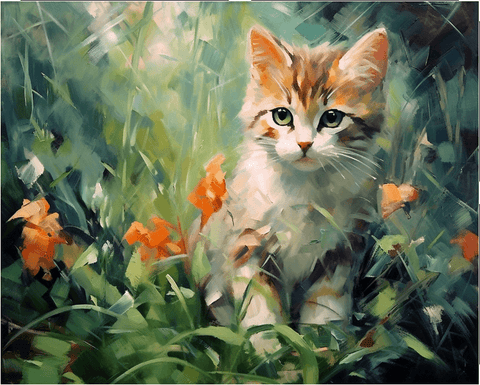 Image of diamond painting of a cute kitten hiding in a garden