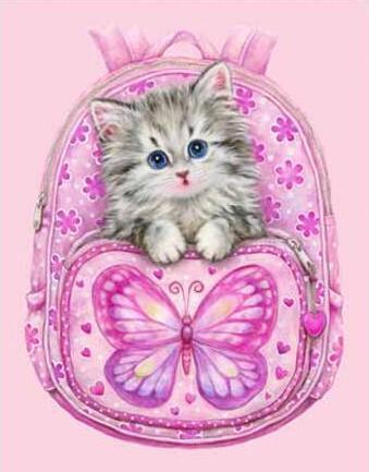 Image of diamond painting of a cute kitten peeking out of a pink backpack with a butterfly