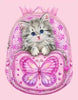 diamond painting of a cute kitten peeking out of a pink backpack with a butterfly