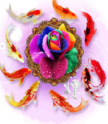 Image of diamond painting of colorful koi fish surrounding a rainbow rose