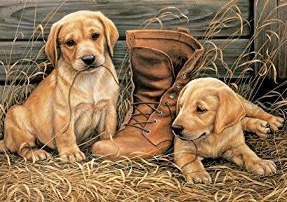 Image of diamond painting of two yellow Labrador retriever puppies playing with a boot