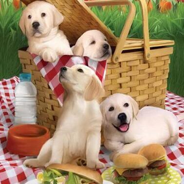 Image of diamond painting of Labrador retriever puppies having a picnic