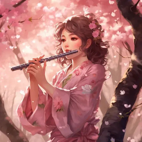 Image of diamond painting of a woman playing a flute under a cherry blossom tree