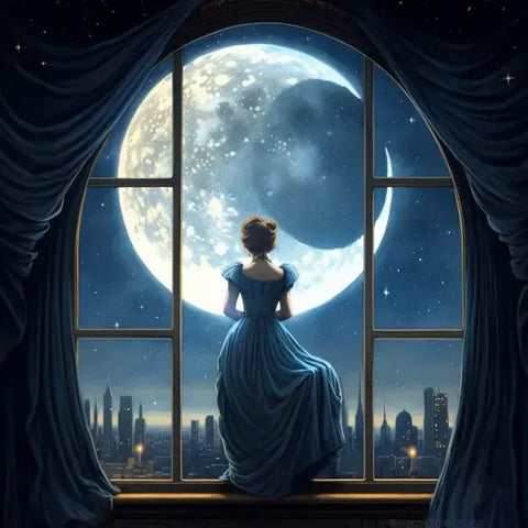 Image of diamond painting of a woman with the moon in the background