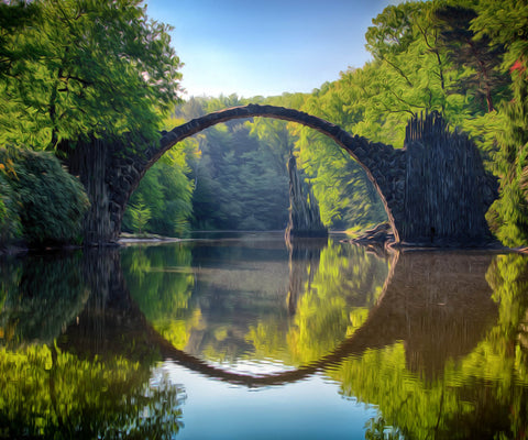 Image of diamond painting of a stone arch bridge over a lake