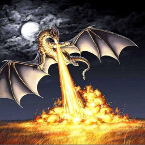Diamond painting of a mythical light-colored dragon breathing fire, with flames.