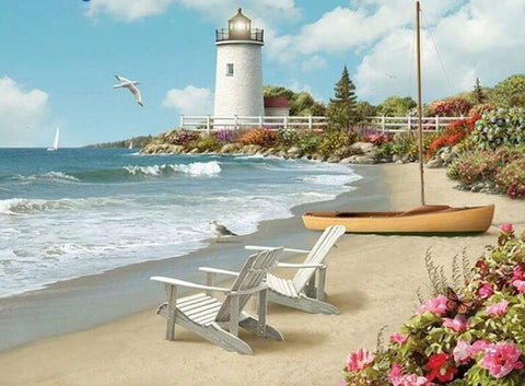Image of Diamond painting of a lighthouse on a beach with Adirondack chairs and a boat.