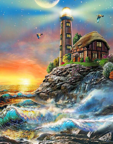 Image of diamond painting of a lighthouse on a cliff with a cottage and a beautiful sunset