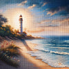 Diamond painting of a lighthouse on a rocky coastline at sunset with crashing waves.