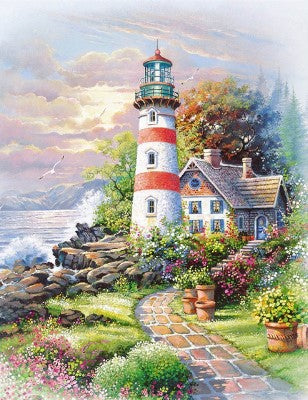 Image of diamond painting of a lighthouse and a cottage by the sea