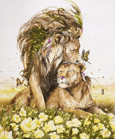 Image of diamond painting of a lioness and her cub surrounded by flowers