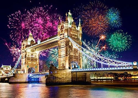 Image of diamond painting of Tower Bridge with fireworks display