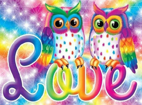 Image of Diamond painting of two owls perched on a colorful word "LOVE".