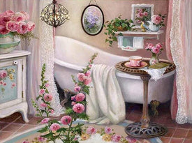 Diamond painting of a relaxing bathtub scene with flowers