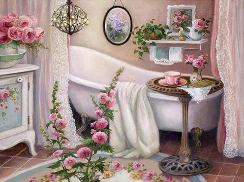 Image of Diamond painting of a relaxing bathtub scene with flowers