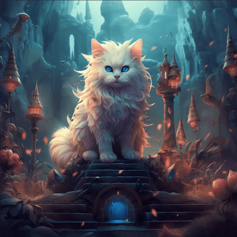 Image of diamond painting of a magical white cat in a fantasy setting