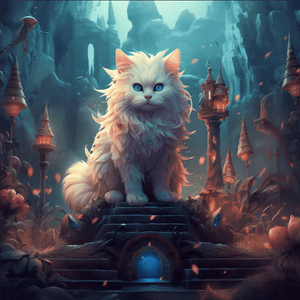 diamond painting of a magical white cat in a fantasy setting