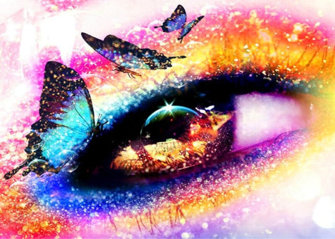 Image of diamond painting of a magical eye with butterflies and sparkles