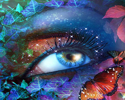 Image of diamond painting of a magical eye with nature and butterfly elements