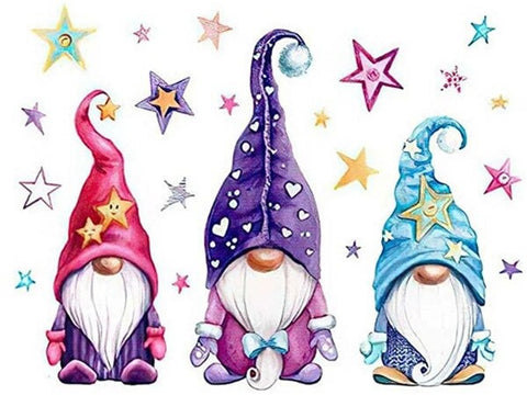 Image of diamond painting of three colorful gnomes with stars