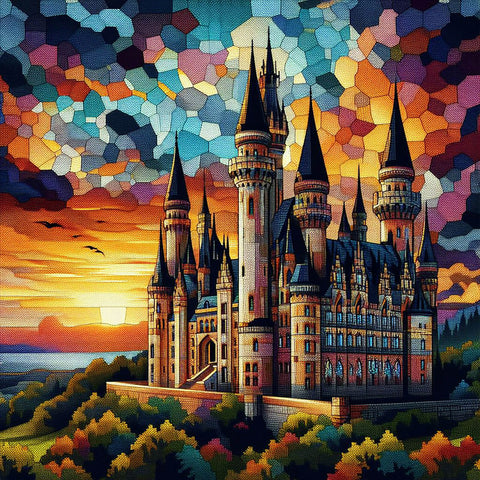 Image of Diamond painting of a majestic castle on a hilltop, silhouetted against a vibrant sunset