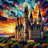 Diamond painting of a majestic castle on a hilltop, silhouetted against a vibrant sunset