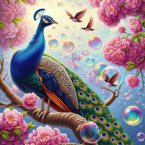 Image of Diamond painting of a majestic peacock with its vibrant tail feathers, surrounded by colorful flowers and floating bubbles.
