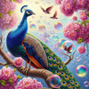 Diamond painting of a majestic peacock with its vibrant tail feathers, surrounded by colorful flowers and floating bubbles.